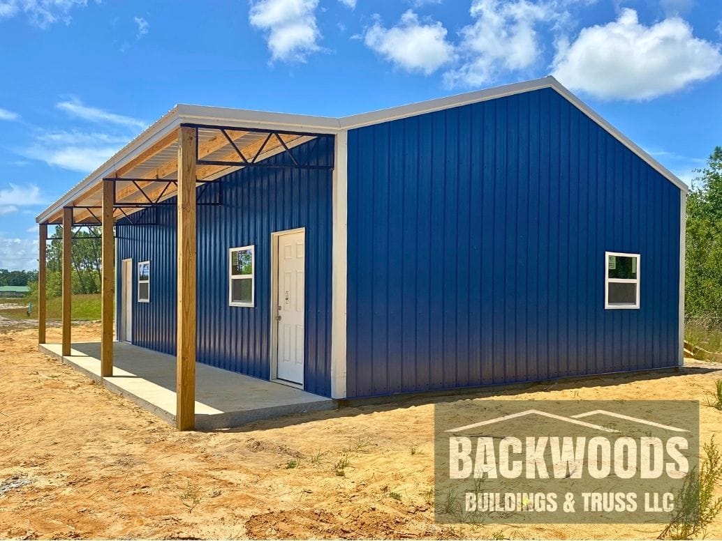 24x36x10 Enclosed Pole Barn with Lean-To in Marina Blue