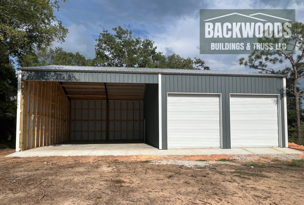 Enclosed pole barn header view custom build in Defuniak Springs Florida