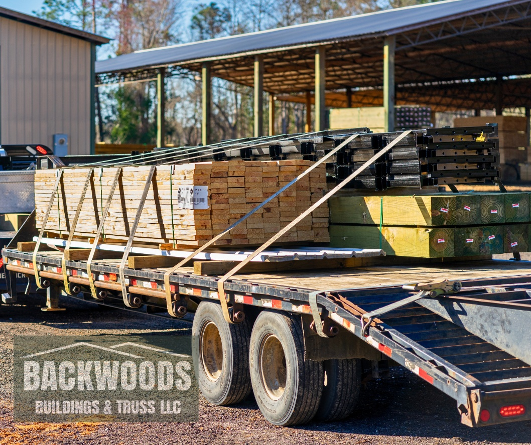 DIY pole barn kit loaded on trailer ready for delivery Backwoods Buildings