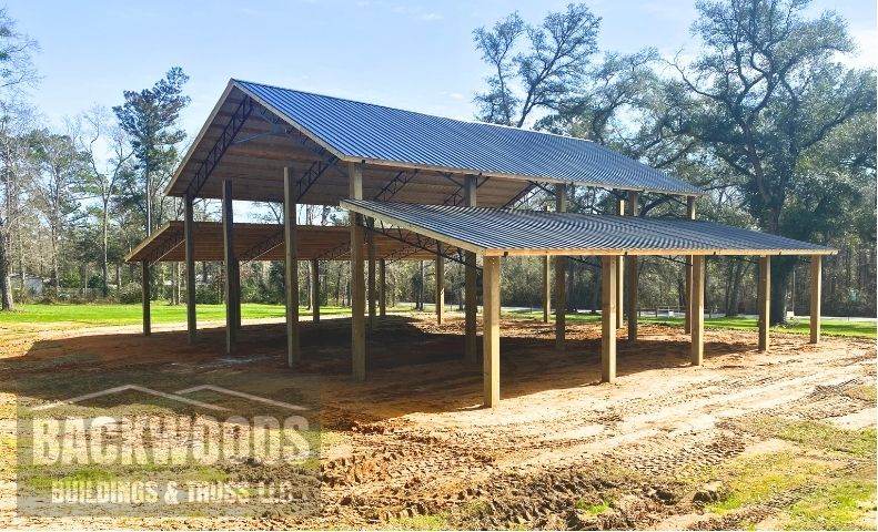 custom-pitch-pole-barn-with-lean-tos-backwoods-buildings | Backwoods Buildings & Truss LLC Pole Barn Sizes. Large 30x48 pole barn installed with lean-tos