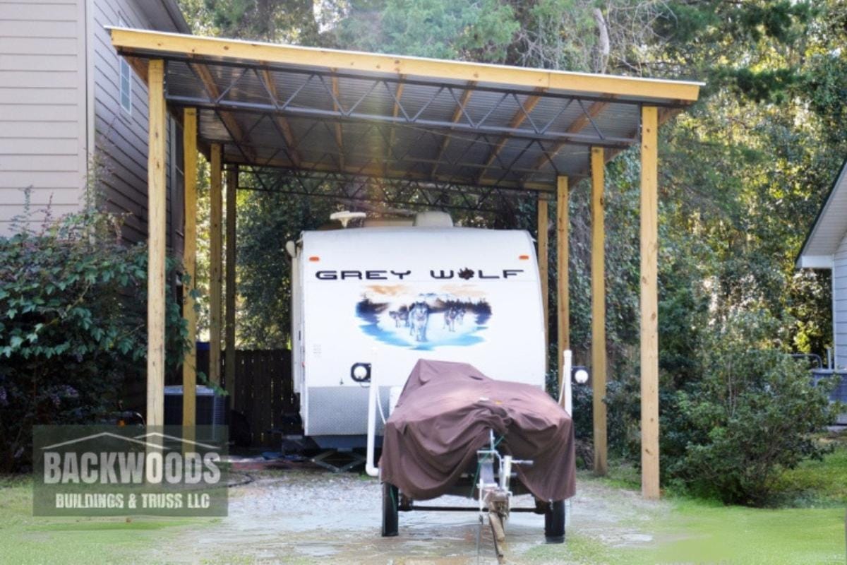 RV and Boat Storage Pole Barn with Lean-To Cover